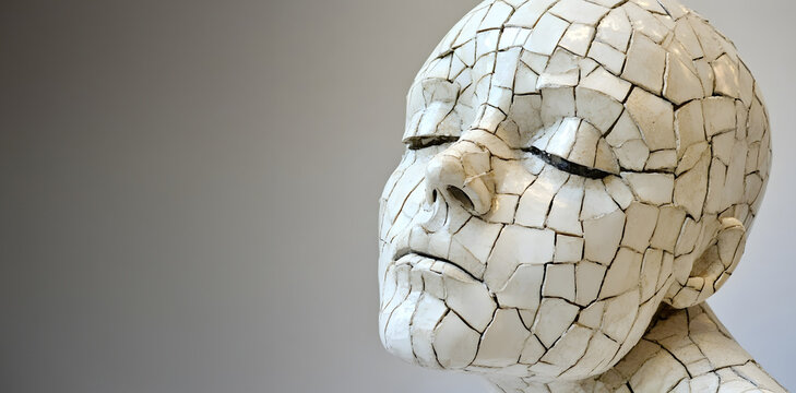 Cracked ceramic sculpture of a serene face, embodying feelings of inner emptiness, fatigue, and stress, reflecting the struggles of mental health and emotional overload