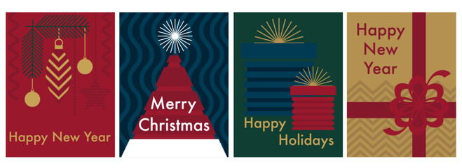 Holiday card set featuring colorful gift boxes, red ribbon bow, Santa hat, and decorative tree branches with ornaments. Perfect for seasonal greetings, invitations, and holiday marketing