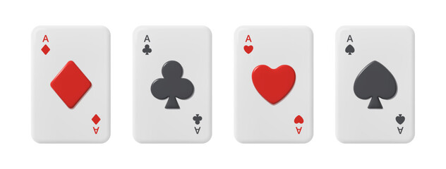 Gambling and playing cards, french suite. Vector in 3d style, diamond and spade, clubs and hearts. Casino entertainment and betting, taking risks and winning. Blackjack or poker design