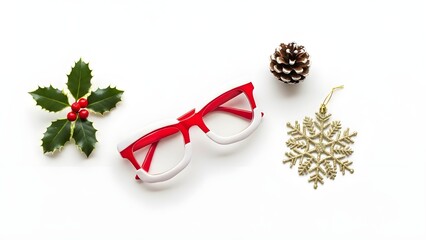 Christmas holiday decorations including a pair of festive red and white glasses, holly berries, a pinecone, and a snowflake ornament on a white background