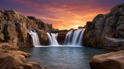 Cascading waterfalls pour over rugged rock formations into a tranquil pool during a vibrant sunset