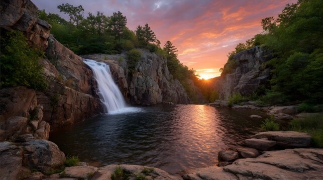 A majestic waterfall plunges into a serene pool illuminated by the warm glow of a vibrant sunset painting the sky and reflecting on the water s - Powered by Adobe