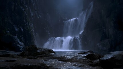 A majestic multi tiered waterfall cascades down dark rocky cliffs shrouded in mist and mystery