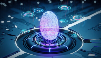 Digital fingerprint scanner glowing on a futuristic interface, surrounded by holographic security icons