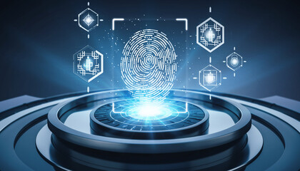 Digital fingerprint scanner glowing on a futuristic interface, surrounded by holographic security icons