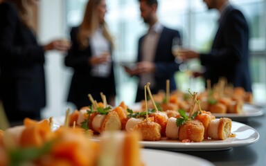 Close up view of catering appetizers and drinks on table with blurred business professionals networking at corporate event in background. High quality