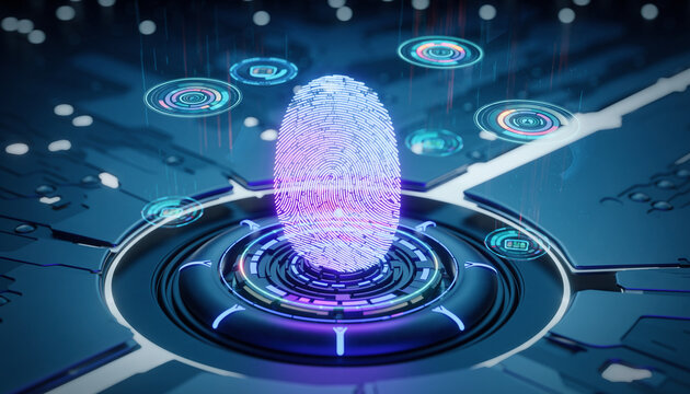 Digital fingerprint scanner glowing on a futuristic interface, surrounded by holographic security icons - Powered by Adobe