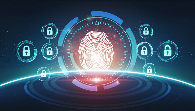 Digital fingerprint scanner glowing on a futuristic interface, surrounded by holographic security icons