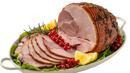Delicious glazed ham, perfect for holiday meals and family gatherings, garnished with fresh lemon, rosemary, and vibrant red currants on a platter