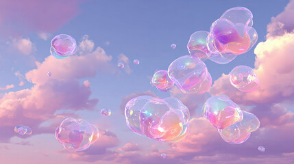 Floating soap bubbles against a backdrop of pastel sky and clouds, creating a whimsical and dreamy scene. The iridescent bubbles shimmer in the sunlight, reflecting the soft hues of the clouds.