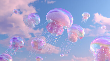 Whimsical jellyfish floating in a vibrant sky, their translucent bodies shimmering in the light. This mesmerizing scene creates a sense of wonder and tranquility. 