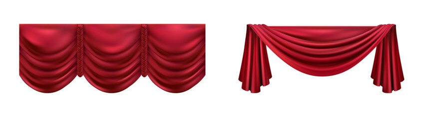Naklejka na ściany i meble Luxury scarlet red silk velvet curtains and draperies interior decoration design ideas. Vector realistic fabric cloth for theater or cinema, opera hall or home. Luxurious stage adornment