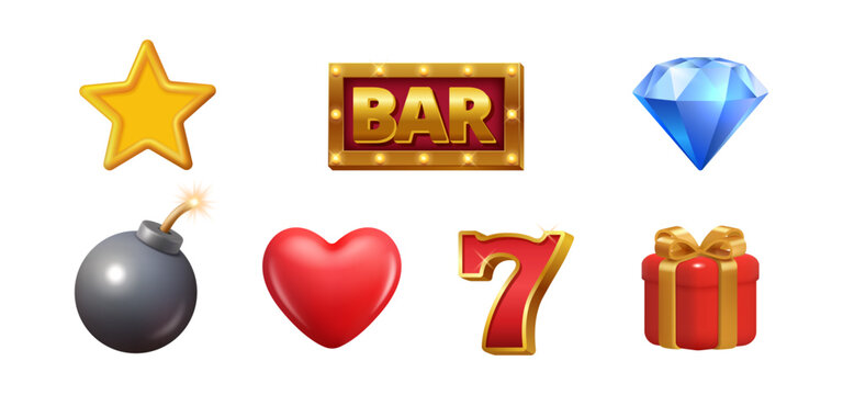 Casino slot games user interface icons for app or web. Vector in realistic UI style, isolated set of diamond and star, bar and bomb, heart and present. Lucky seven and fortune for winner