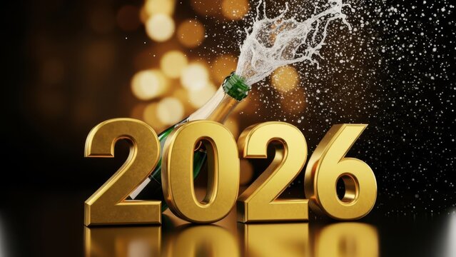 Celebrating 2026 with champagne bottle explosion golden numbers on a reflective surface perfect for New Years Eve or milestone events
