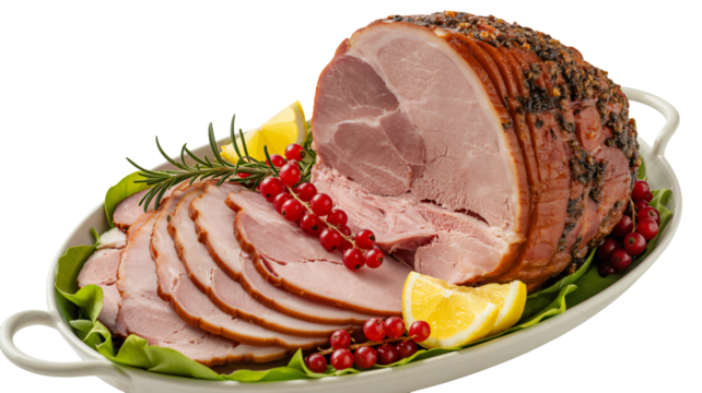 Delicious glazed ham, perfect for holiday meals and family gatherings, garnished with fresh lemon, rosemary, and vibrant red currants on a platter