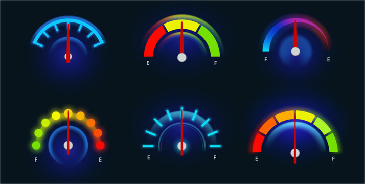 Speedometers set, neon dial and gauge dashboard. Vector futuristic interface of car speed meters or tachometers with arrows and digital indicator of fuel and charge, mph and engine gear