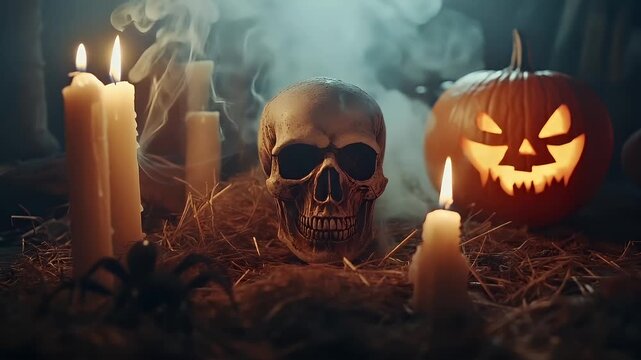 Halloween holiday promotion theme. Spooky scaring. Halloweenthemed wallpaper with a skull, candles, and a carved pumpkin. The skull is the central focus, surrounded by a smoky atmosphere.