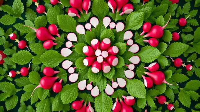 Radish and green leaf vegetable arranged in circular pattern with fresh healthy vibrant colors