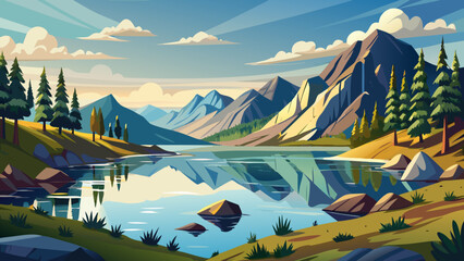 A tranquil mountain lake in South Dakota surrounded by rolling hills and scattered trees, reflecting soft daylight on calm water for a peaceful outdoor nature scene.