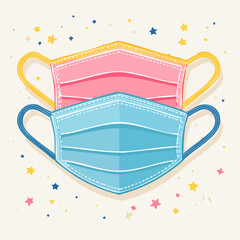 Two Medical Face Masks One Pink One Blue Stacked Together with Colorful Stars and Confetti on a Creamy Background
