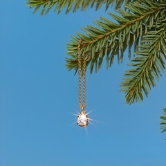sparkling gemstone pendant on pine branch against blue sky background for use in festive holiday promotions and elegant seasonal designs