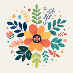 Colorful Floral Arrangement With Yellow Orange Flower And Green Blue Leaves On Cream Background