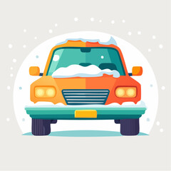 Orange Car Parked Outdoors During a Gentle Snowfall With Snow Accumulating on the Roof and Windshield