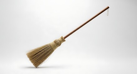 Traditional witch s broom leaning against a white wall for halloween decoration