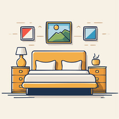 Cozy Yellow Bedroom Scene With Two Nightstands A Bed And Framed Art On The Wall