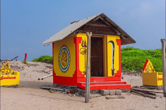 Sri Kaaliamman & Sri Karuppannasaamy temple at Dhanushkodi south-eastern tip of Pamban Island, Tamil Nadu State, India. Dhanushkodi is an abandoned town. it was destroyed during the Rameswaram cyclone