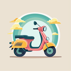 Retro Pink And Yellow Scooter With Teal Blue Circular Arch Background And Fluffy Clouds In The Sky