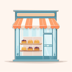 Charming Bakery Storefront With Displayed Pastries Under Striped Awning Illuminated By Soft Light Ideal For Commercial Use