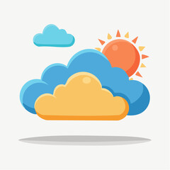 Stylized Sun Peeking Through Fluffy Clouds With Gentle Shadows Below On A White Background