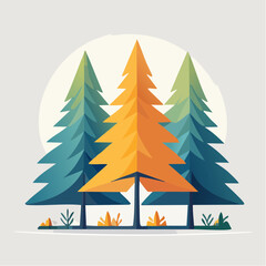 Stylized Evergreen Trees With A Bright Orange Tree In The Center Against A Soft Yellow Sun And A Minimalist Landscape Background