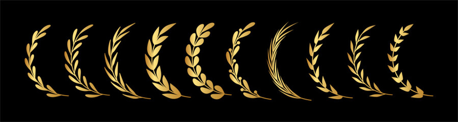 Gold half laurel branches with metallic shine and detailed 3D texture. Vector symbol of prestige and honor. Single sided arcs with different kind of leaves. Luxury branding or decorative elements © Sensvector