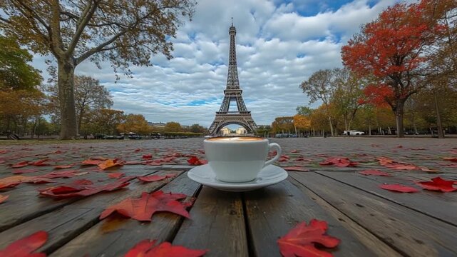Parisian autumn scene with Eiffel Tower, coffee cup, and vibrant fall foliage.