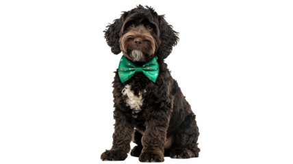 Dapper doodle dog with bow tie looking at you with sweet eyes, pet portrait, perfect for greeting cards, invitations or social media posts, loveable companion