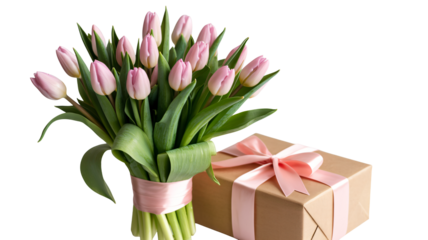 Elegant blush pink tulip bouquet and gift box for Valentine's Day surprise, a romantic gesture perfect for anniversaries and special occasions