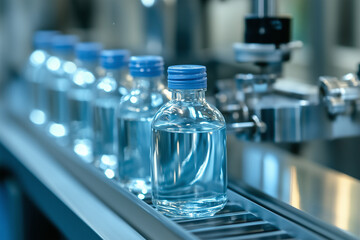 Bottles of water moving on a conveyor belt in a factory