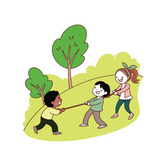 Happy cartoon children and family playing together on a tree swing in a fun summer park vector illustration