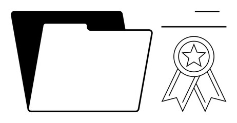 Open file folder and award ribbon with star highlight achievement, organization, document management. Ideal for workflow, recognition, quality, filing systems, productivity, success and simple flat