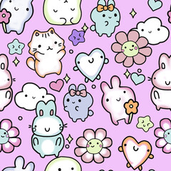 Kawaii animal seamless pattern with cute bunny and cat