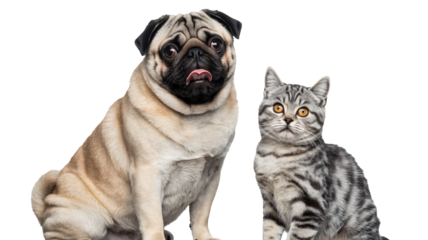 Adorable pug dog and silver tabby cat portraits together, looking directly at the camera with curious expressions, friendship and companionship concept