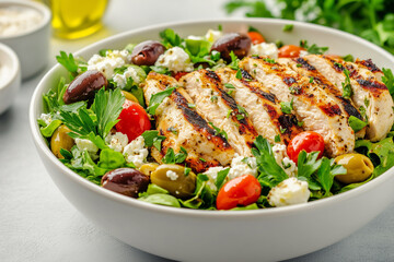 Grilled chicken salad with fresh vegetables and herbs in a bowl