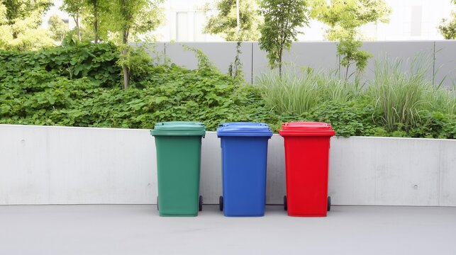 A Colorful Assembly of Three Waste Bins in a Lush Green Environment Promoting Recycling and Environmental Awareness