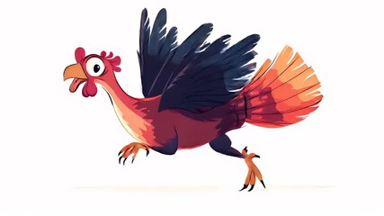 Thanksgiving holiday promotion theme. A vibrant illustration of a rooster in midflight, with its wings spread wide. The rooster is painted in a mix of red, orange, and black hues.