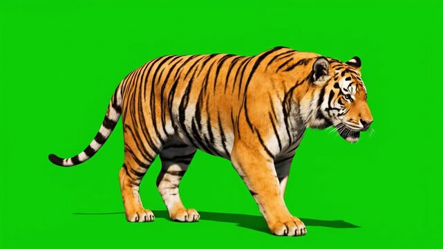 Tiger walking forward on green background with orange fur and black stripes, powerful big cat wildlife animal showing strength, focus, and graceful movement in natural pose