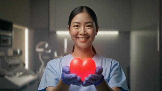 Compassionate healthcare professional holding a glowing heart symbol in a modern medical setting demonstrating care and empathy in the medical
