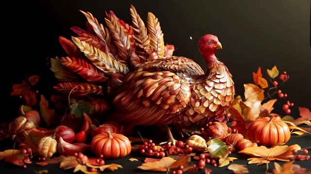 Thanksgiving holiday promotion theme. A detailed, artistic representation of a turkey surrounded by autumnal foliage and pumpkins.