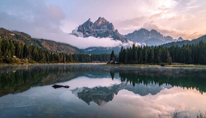 A scenic landscape featuring a mountain range reflected in a calm lake, with trees and clouds, captured during sunrise in Italy.